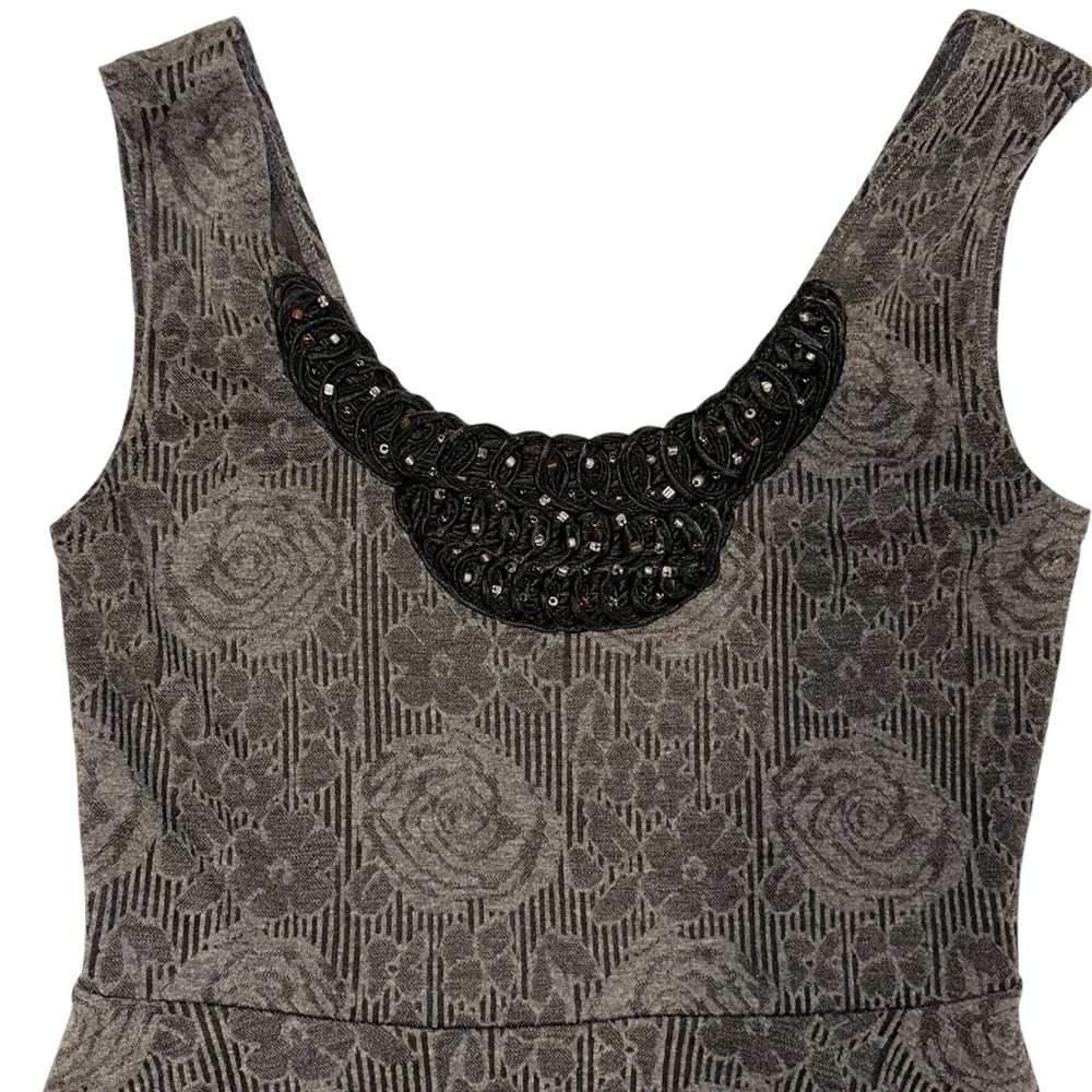 Free People Rock Princess Dress Gray Sleeveless Floral Beaded Tulle Skirt Sz L - Picture 5 of 6